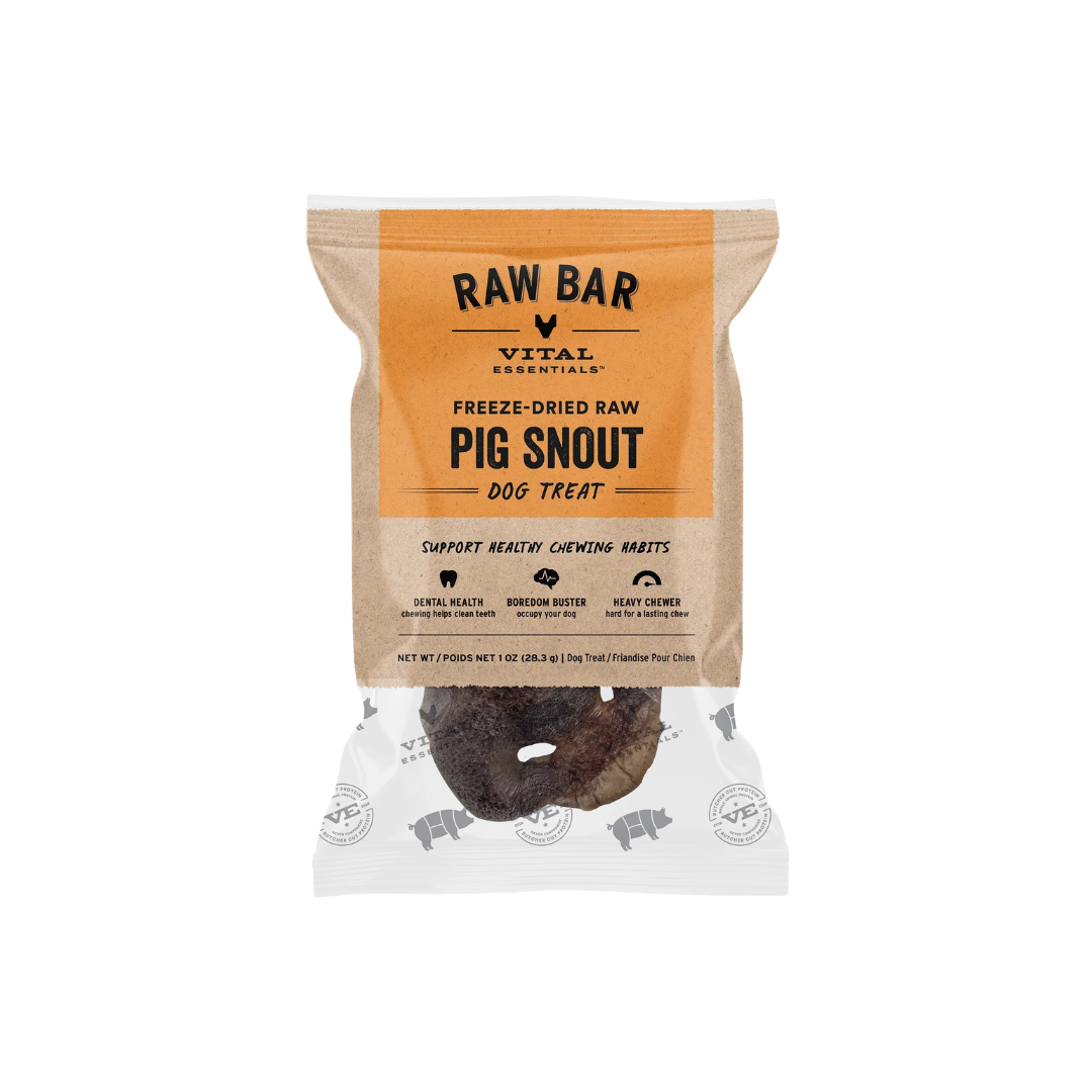 Package of Raw Bar Vital Essentials Freeze-Dried Raw Pig Snout Dog Treats on a white background