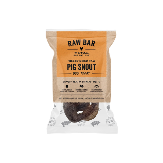 Package of Raw Bar Vital Essentials Freeze-Dried Raw Pig Snout Dog Treats on a white background