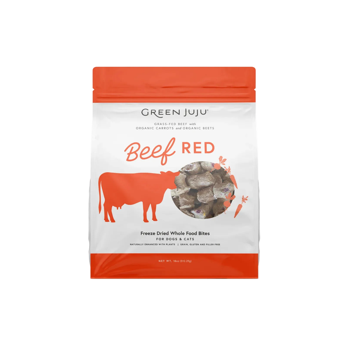 A 16 oz bag of Green Juju Beef Red freeze dried whole food bites for dogs and cats, featuring a white bag with a bright orange top and bottom, and an orange cow silhouette.