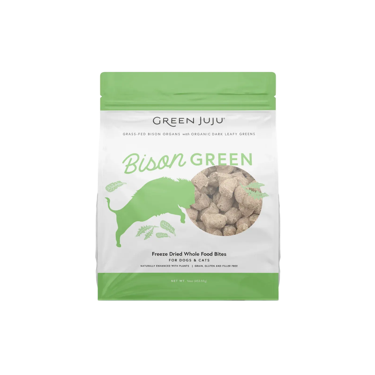 A 1 lb bag of Green Juju Bison Green freeze dried whole food bites for dogs and cats, featuring a white and green package with a circular window showing the kibble.