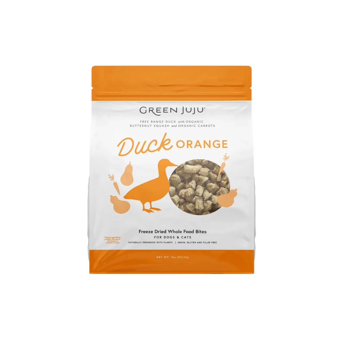 A 16 oz bag of Green Juju Duck Orange freeze dried whole food bites for dogs and cats, featuring a white and orange package design with a central image of the kibble.
