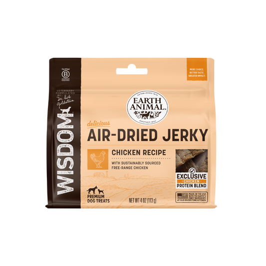 Earth Animal Air-Dried Jerky Chicken Recipe packaging on a white background