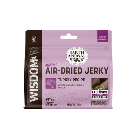 Earth Animal Air-Dried Jerky Turkey Recipe packaging on a white background