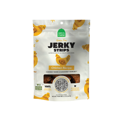 Packaging for Open Farm Jerky Strips with a white background featuring red and black text, and images of cows. The package is labeled as grain-free and gluten-free with a grass-fed beef recipe.