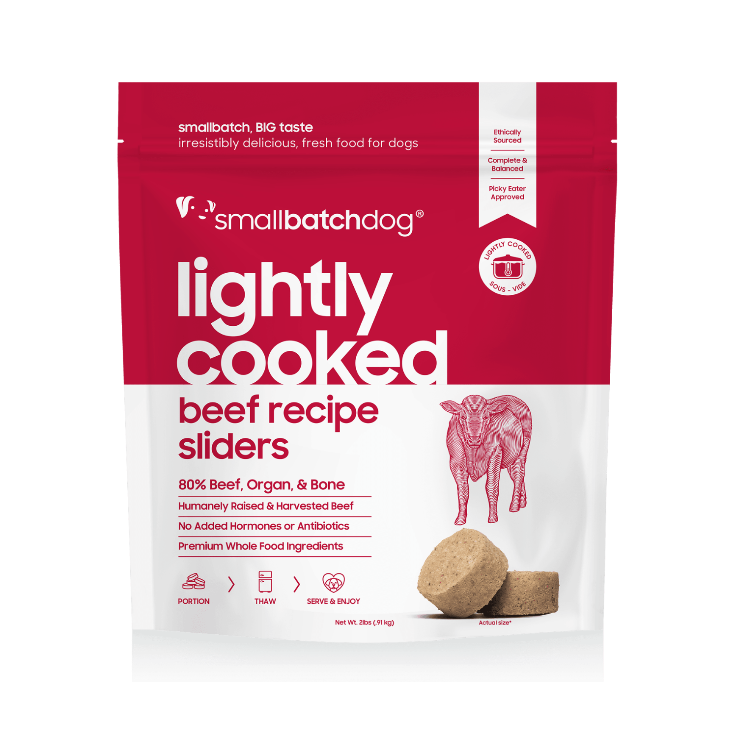 Package of 'Smallbatchdog' lightly cooked beef recipe sliders for dogs on a white background