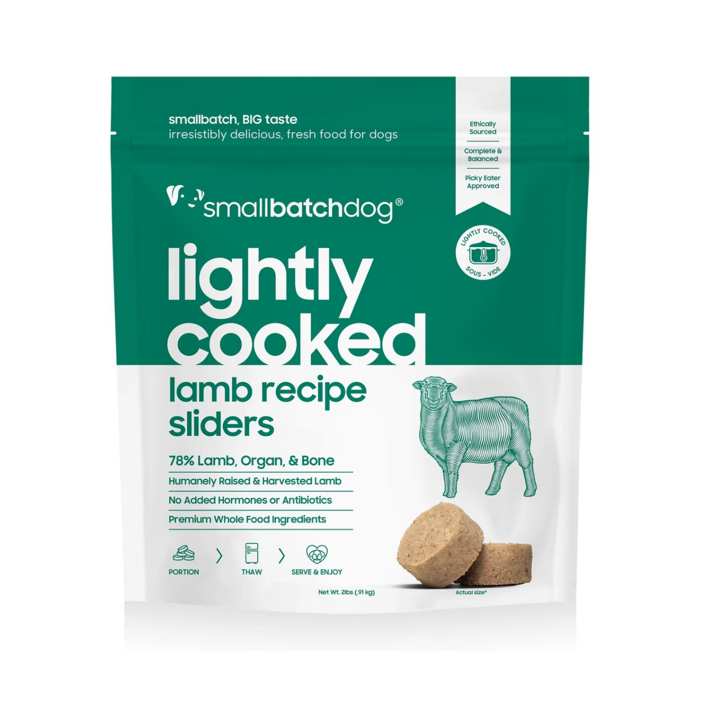 Package of smallbatchdog lightly cooked lamb recipe sliders on a white background