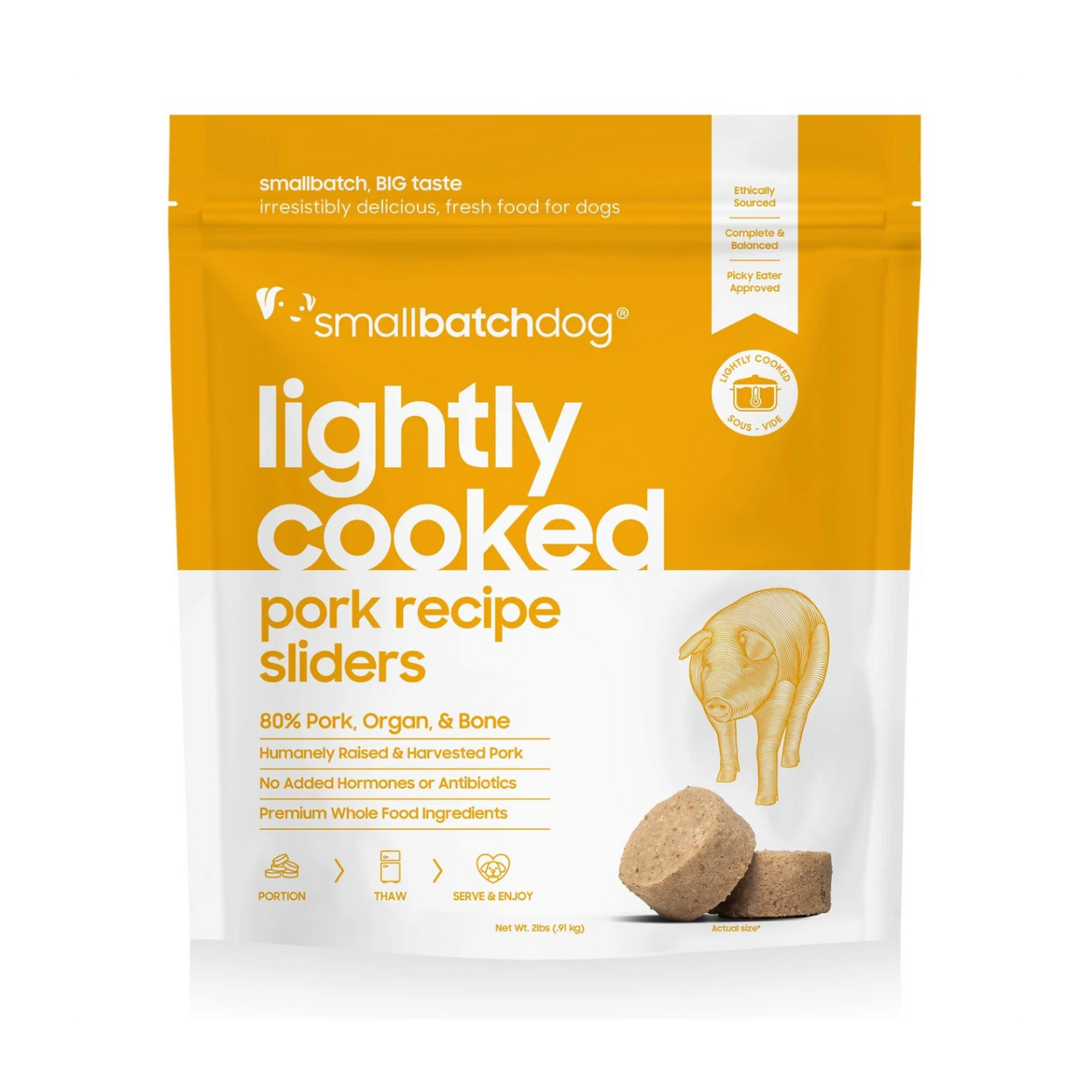 Package of 'Smallbatchdog' lightly cooked pork recipe sliders for dogs on a white background
