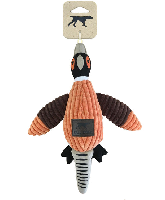 Dog toy shaped like a bird with a label on a white background