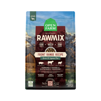 A package of Open Farm RawMix dog food with a grain-free kibble formula. The bag is colorfully illustrated with images of dogs, a chef, and ingredients like meat and grains.