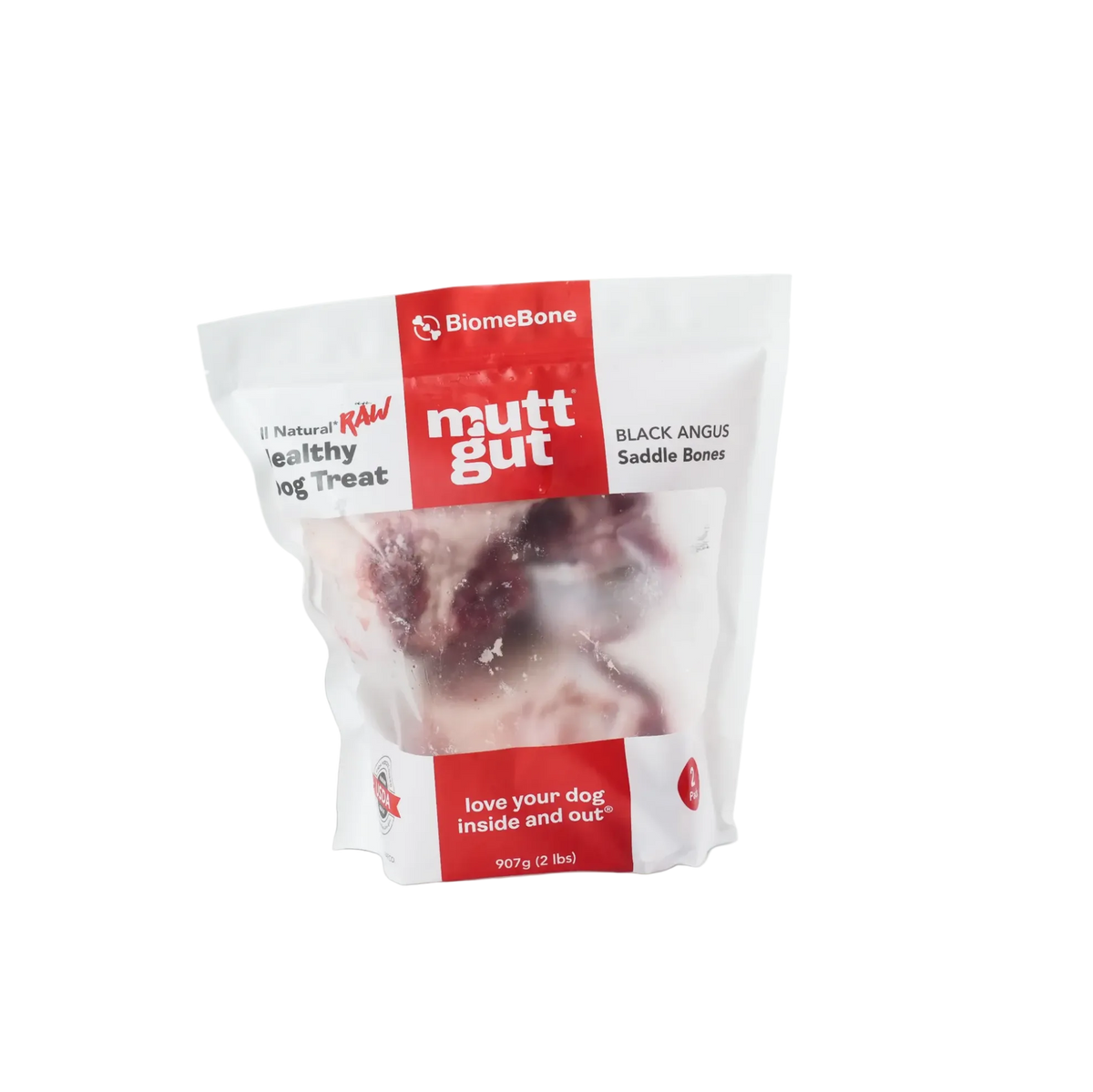 A package of BiomeBone Matt Gut dog treats, specifically Black Angus Saddlery Bones, in a white and red resealable pouch on a white background.