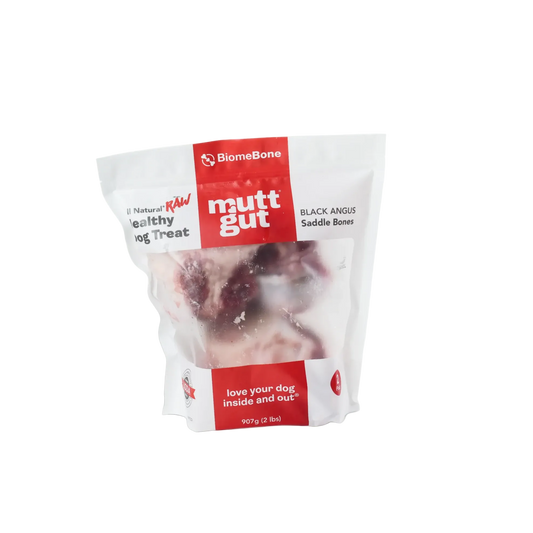 A package of BiomeBone Matt Gut dog treats, specifically Black Angus Saddlery Bones, in a white and red resealable pouch on a white background.