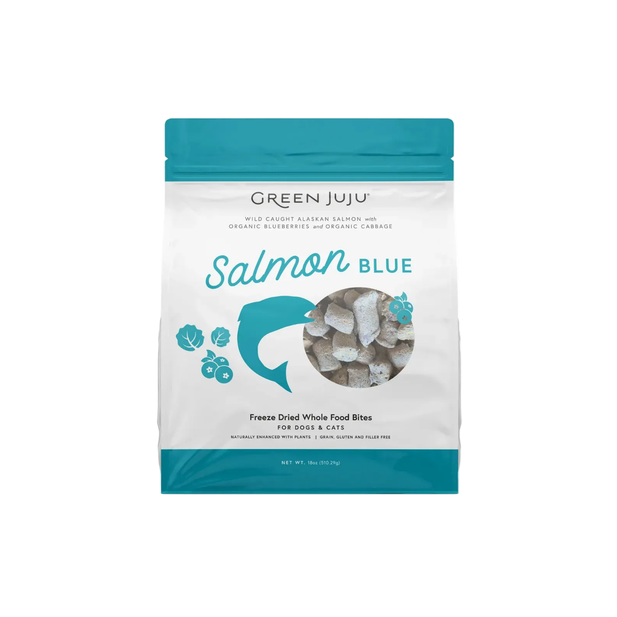 A 1 lb bag of Green Juju Salmon Blue freeze dried whole food bites for dogs and cats, featuring a white and teal design with a fish graphic and a clear window showing the freeze dried bites inside.