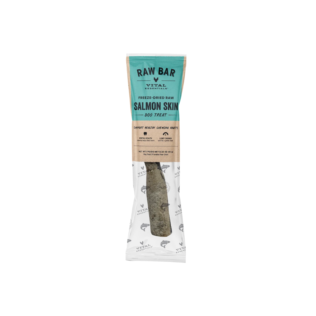 A packaged dog treat on a plain white background. The package is branded RAW BAR by VITAL ESSENTIALS and reads 'Salmon Skin Freeze-Dried Raw Dog Treat.