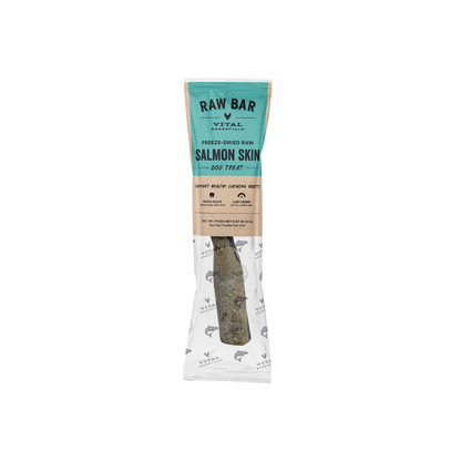 A packaged dog treat on a plain white background. The package is branded RAW BAR by VITAL ESSENTIALS and reads 'Salmon Skin Freeze-Dried Raw Dog Treat.