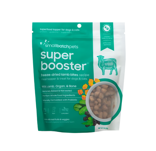 A package of Smallbatch Super Boosters, freeze-dried meal topper for dogs and cats, with visible freeze-dried beef bites and product information.