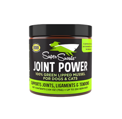 A container of Super Snouts Joint Power, a green-lipped mussel supplement for dogs and cats. The container is labeled with the brand and product name, and states it supports joints, ligaments, and tendons.