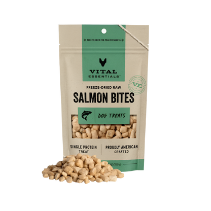 A package of Vital Essentials Freeze-Dried Raw Salmon Bites dog treats is displayed with the contents spilling out in front. The package is green and white with text stating it is a single-protein treat and proudly American crafted.