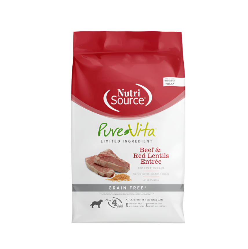 A package of NutriSource PureVita grain-free dry dog food with Beef & Red Lentil Entree flavor.
