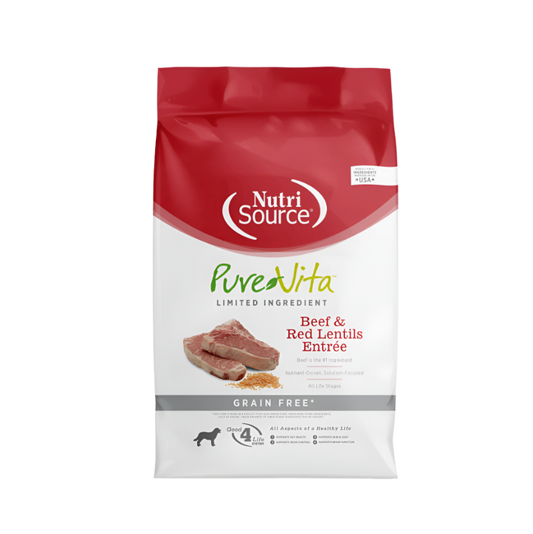 A package of NutriSource PureVita grain-free dry dog food with Beef & Red Lentil Entree flavor.