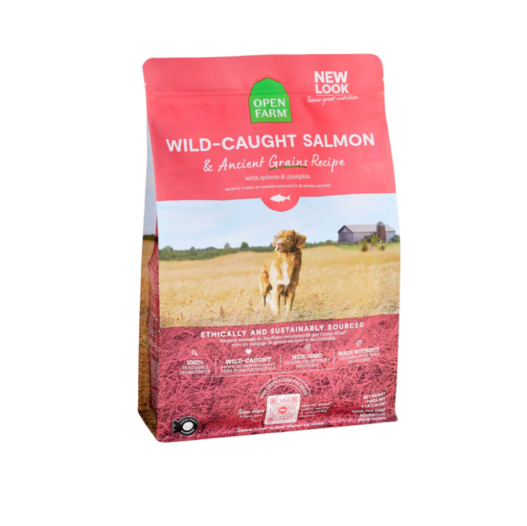 Dog food package with 'Open Farm' branding