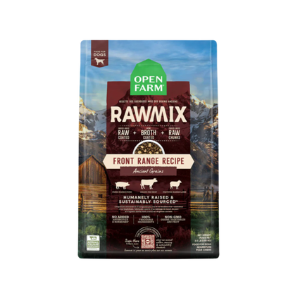 A package of Open Farm RawMix dog food with a grain-free kibble formula. The bag is colorfully illustrated with images of dogs, a chef, and ingredients like meat and grains.