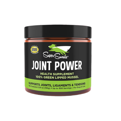 A container of Super Snouts Joint Power, a green-lipped mussel supplement for dogs and cats. The container is labeled with the brand and product name, and states it supports joints, ligaments, and tendons.