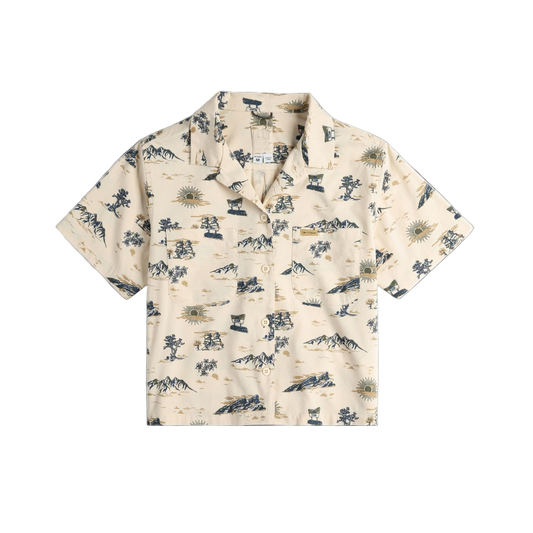 Beige shirt with nature-themed pattern on a black background