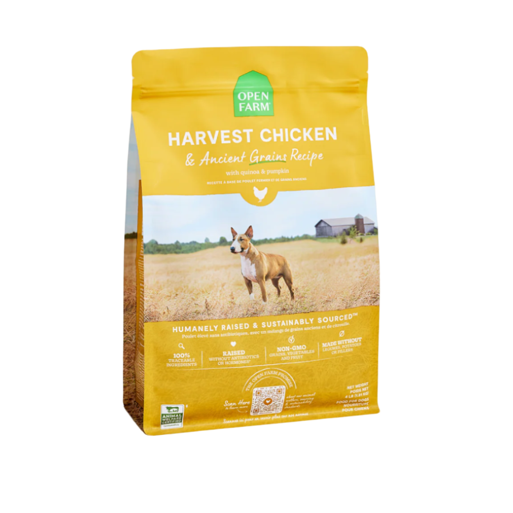Dog food package with a yellow label featuring an image of a dog and text about the product.