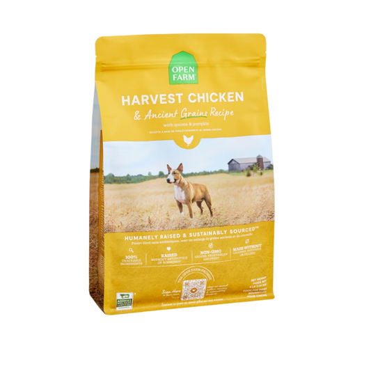 Dog food package with a yellow label featuring an image of a dog and text about the product.