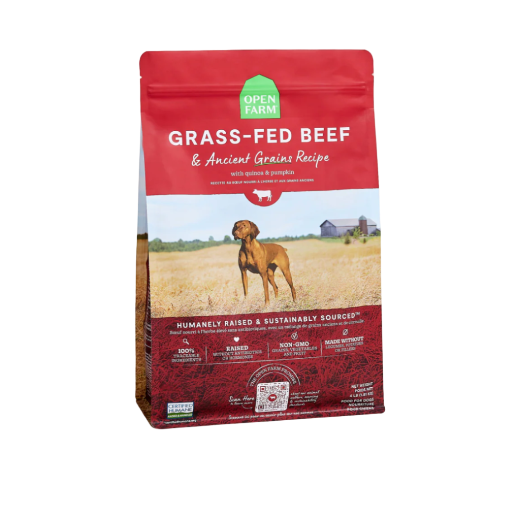 Red bag of Open Farm grass-fed beef and ancient grains dog food