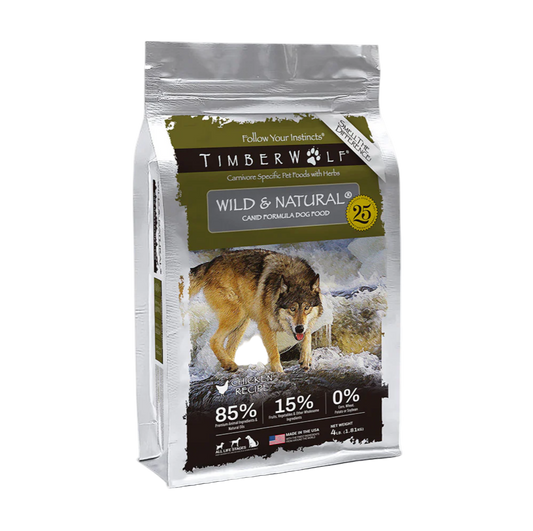 TimberWolf dog food package with a wolf illustration on a transparent background