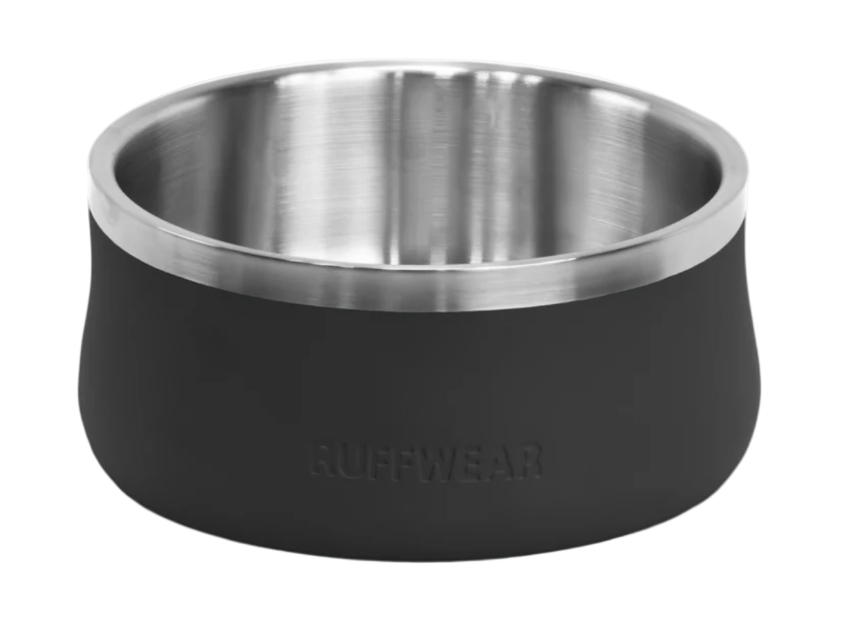Black dog bowl with stainless steel interior on a white background