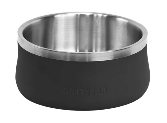 Black dog bowl with stainless steel interior on a white background