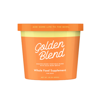 Orange container of 'Golden Blend' whole food supplement for dogs on a white background