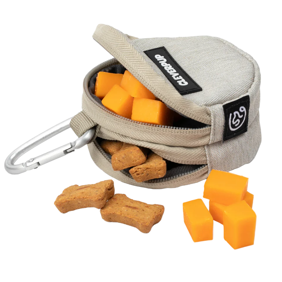 Pet treat pouch with dog biscuits and chew toys on a white background