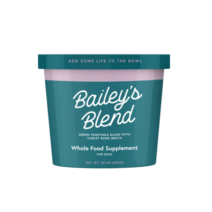 Bailey's Blend whole food supplement container for dogs on a white background