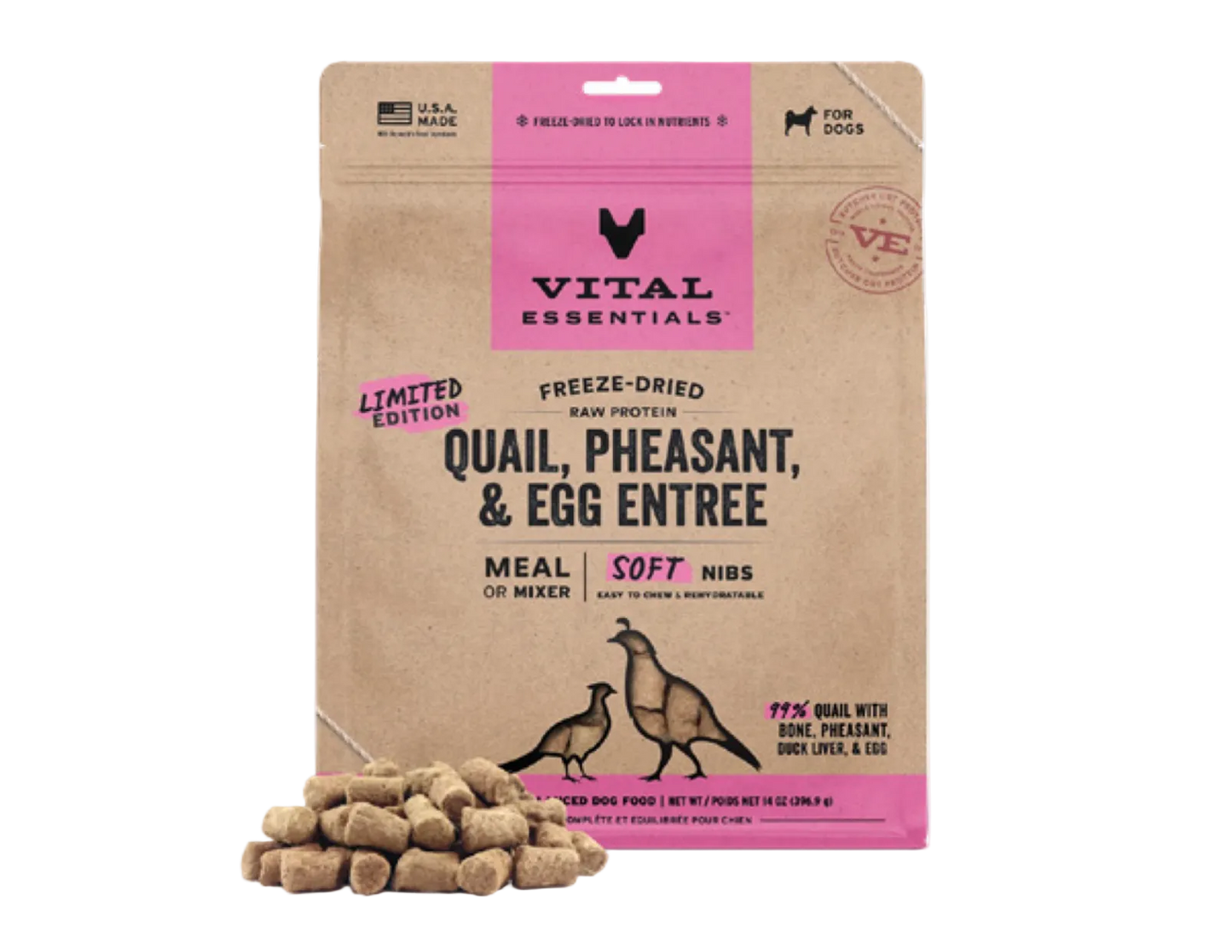 Vital Essentials freeze-dried dog food package with quail, pheasant, and egg entree on a white background
