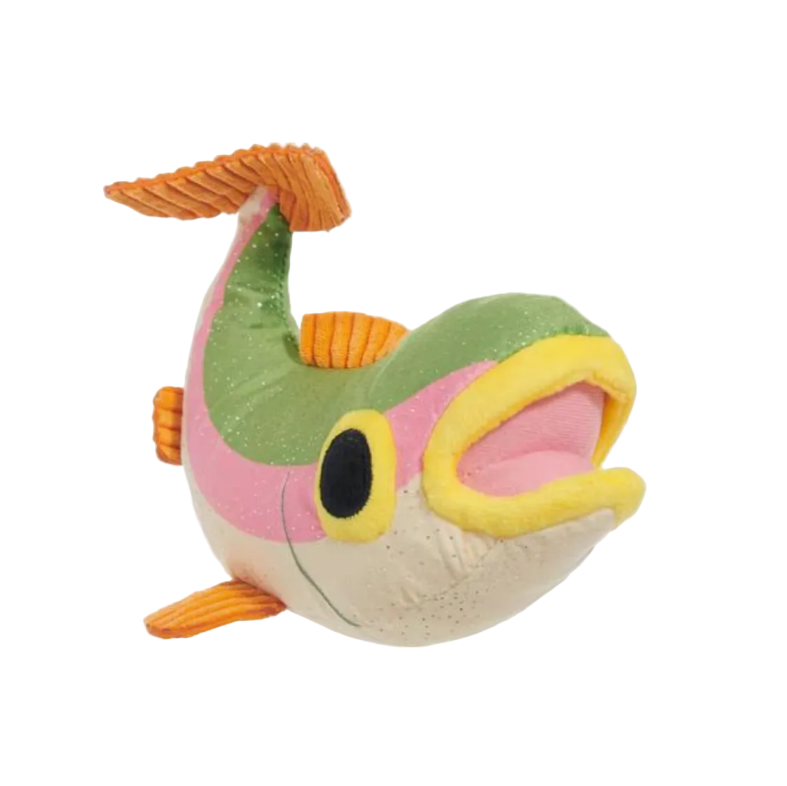 Colorful plush fish toy with a white background