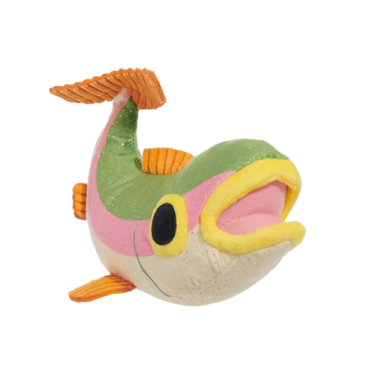 Colorful plush fish toy with a white background