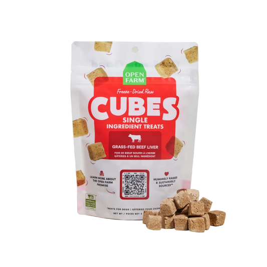 Package of Open Farm CUBES single ingredient treats with cubes on a light background
