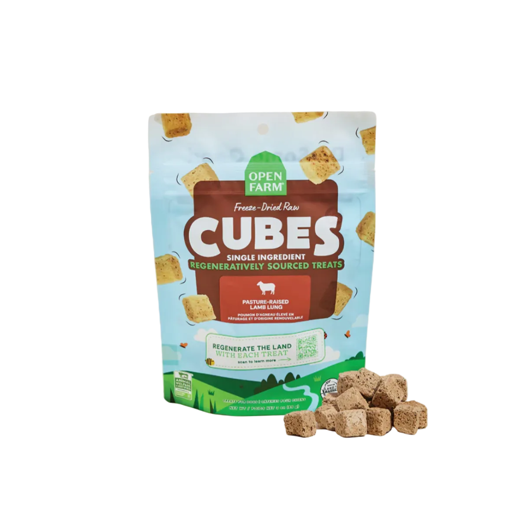 Bag of Open Farm CUBES single ingredient treats on a light gray background