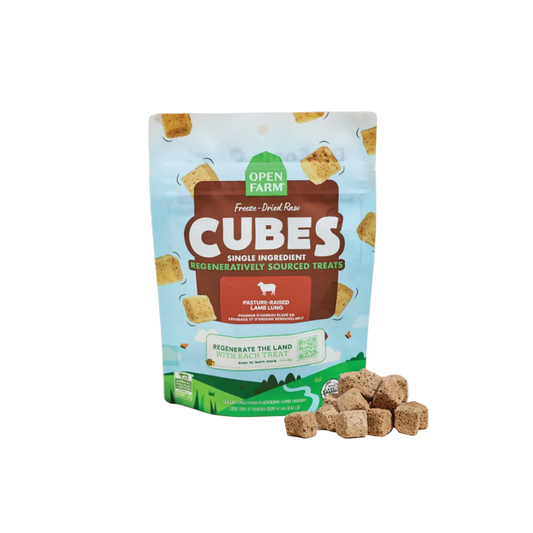 Bag of Open Farm CUBES single ingredient treats on a light gray background