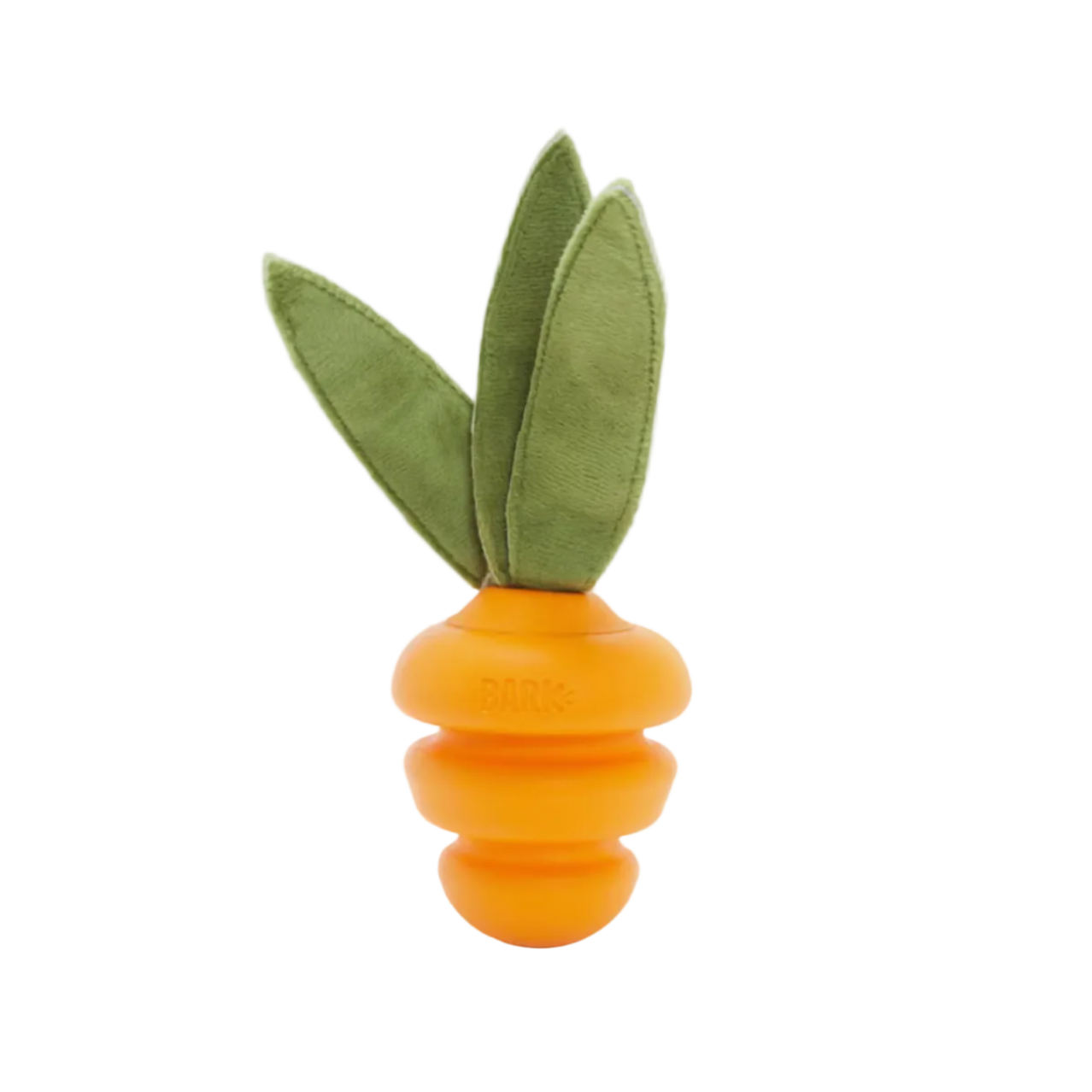 Carrot-shaped toy with green leaves on a white background