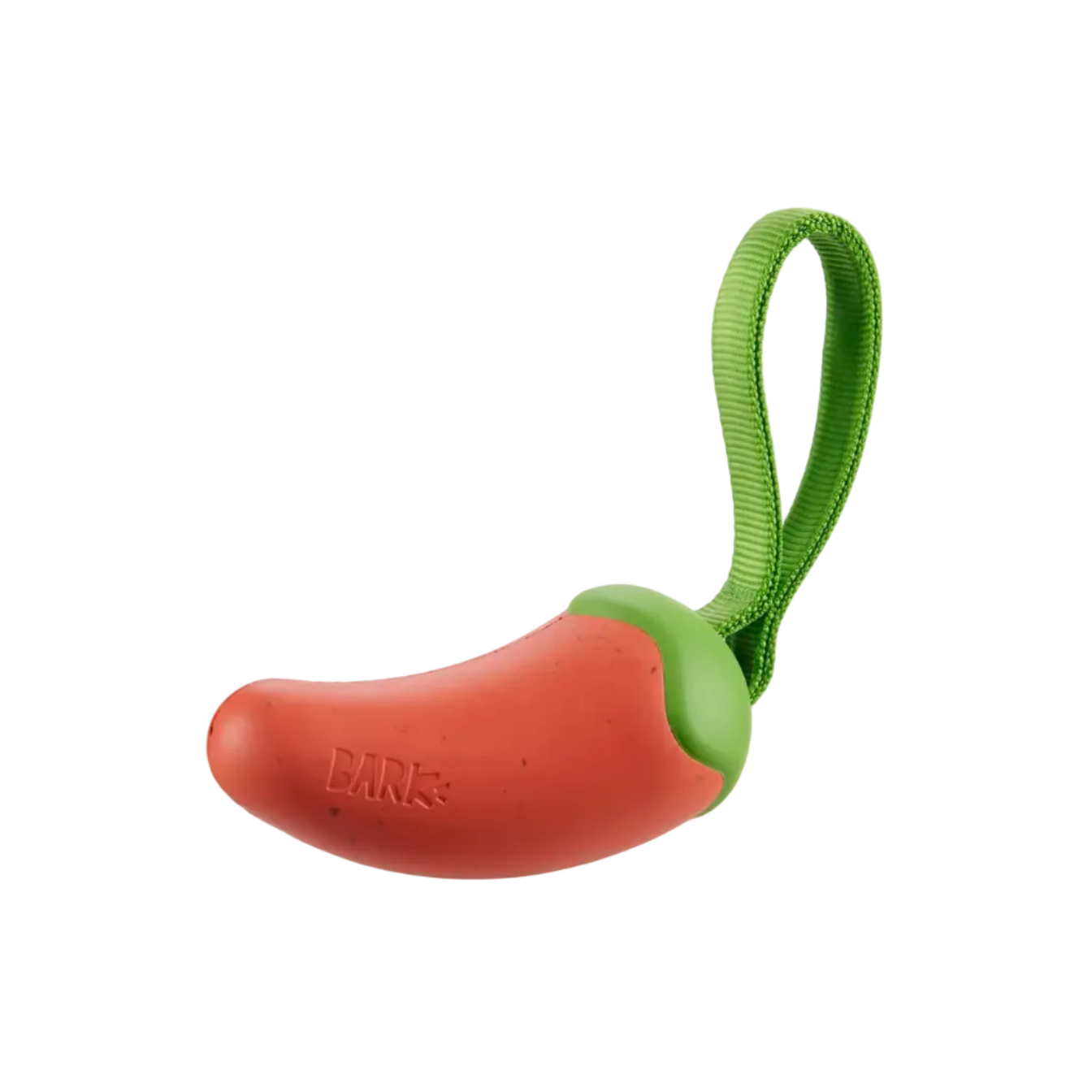 Red chili pepper-shaped dog toy with a green handle on a white background
