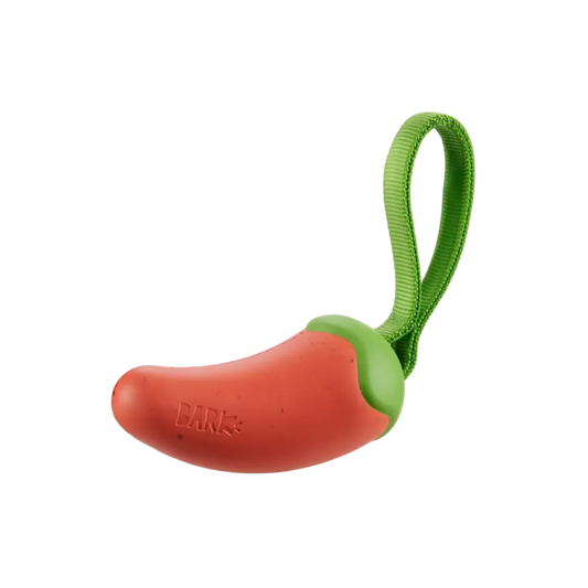 Red chili pepper-shaped dog toy with a green handle on a white background