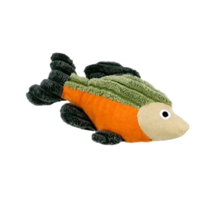 Plush fish toy with green top half and orange bottom half on a white background