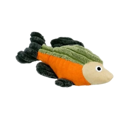Plush fish toy with green top half and orange bottom half on a white background