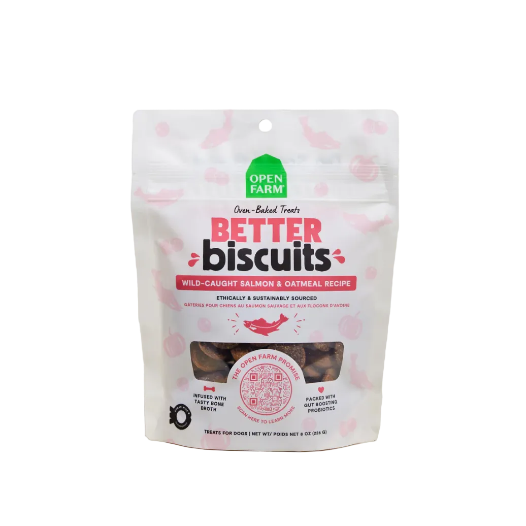 Package of Open Farm Better Biscuits on a beige background