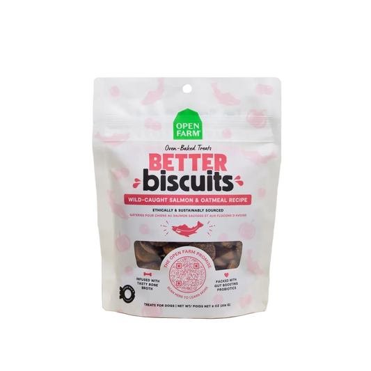 Package of Open Farm Better Biscuits on a beige background