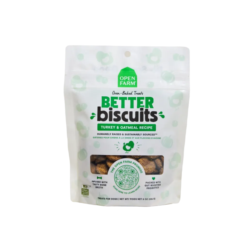 Package of Open Farm Better Biscuits on a beige background